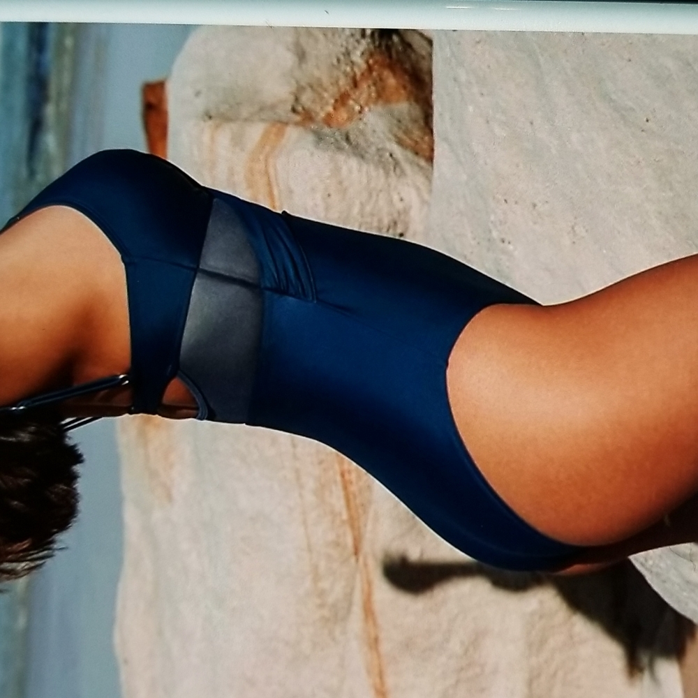 NWY NAVY BLUE TUMMY CONTROL MESH ACCENT ADJUSTABLE STRAP V NECK MEDIUM - Picture 3 of 13